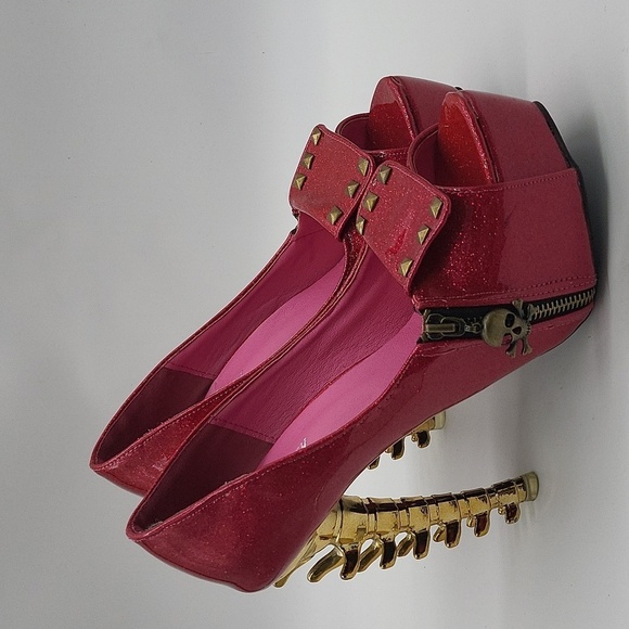 37- Show Story Skull Heel Pink Glitter Platform Heels Sz 10 Open Toe Studded - Picture 2 of 14